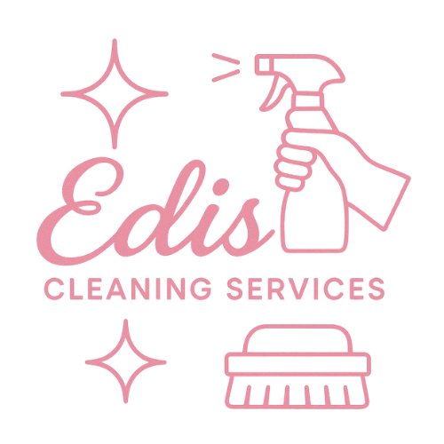 Pink logo for Edis Cleaning Services with spray bottle and brush