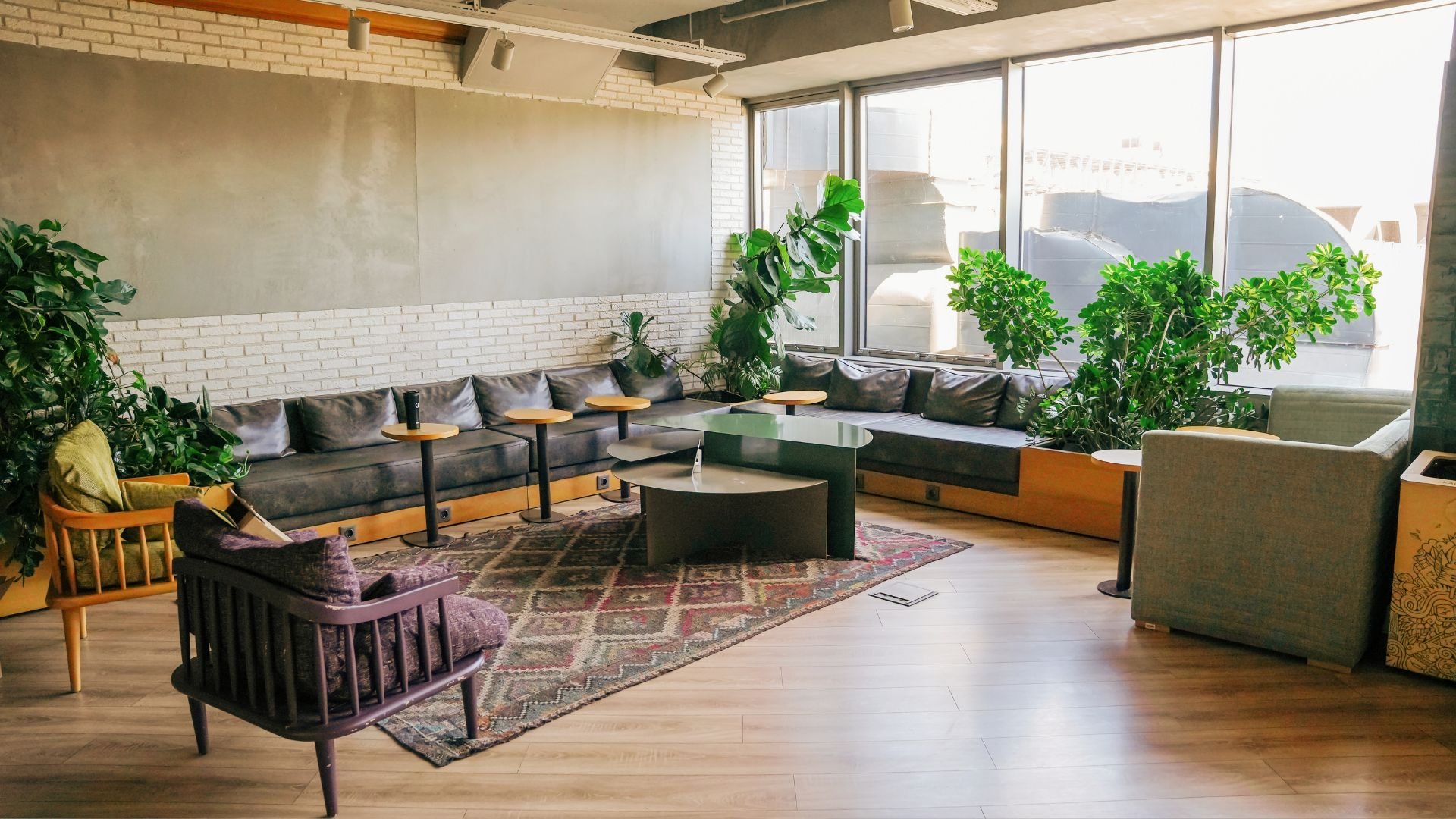 Modern office lounge with gray sofas, plants, and large windows